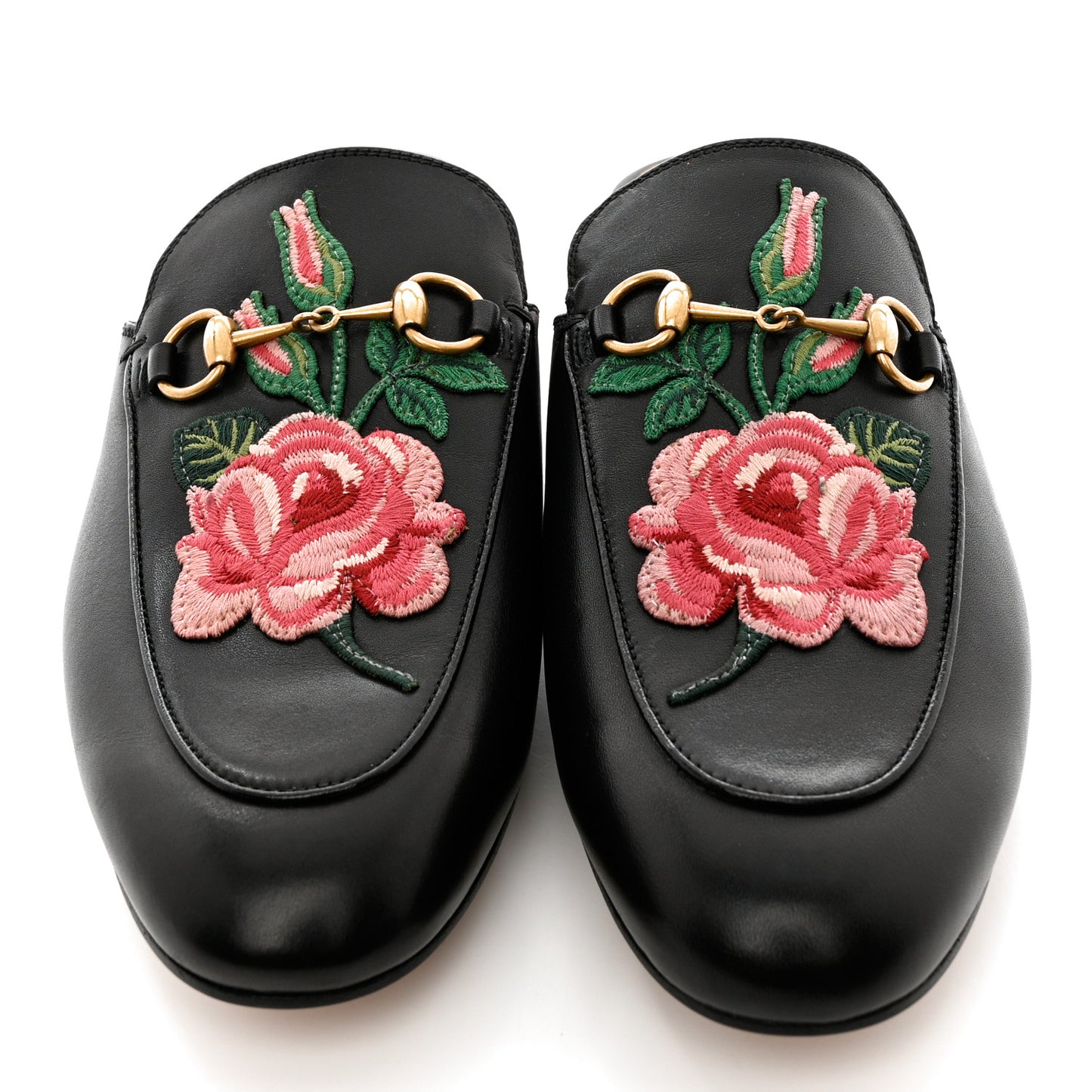 Calfskin Flower Embroidered Princetown Slippers 39 Black