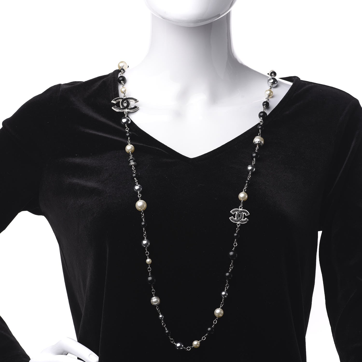 Chanel Pearl Bead Enamel CC Long Necklace Silver Black Grey 2 of 4