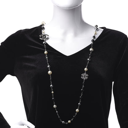 Chanel Pearl Bead Enamel CC Long Necklace Silver Black Grey 2 of 4