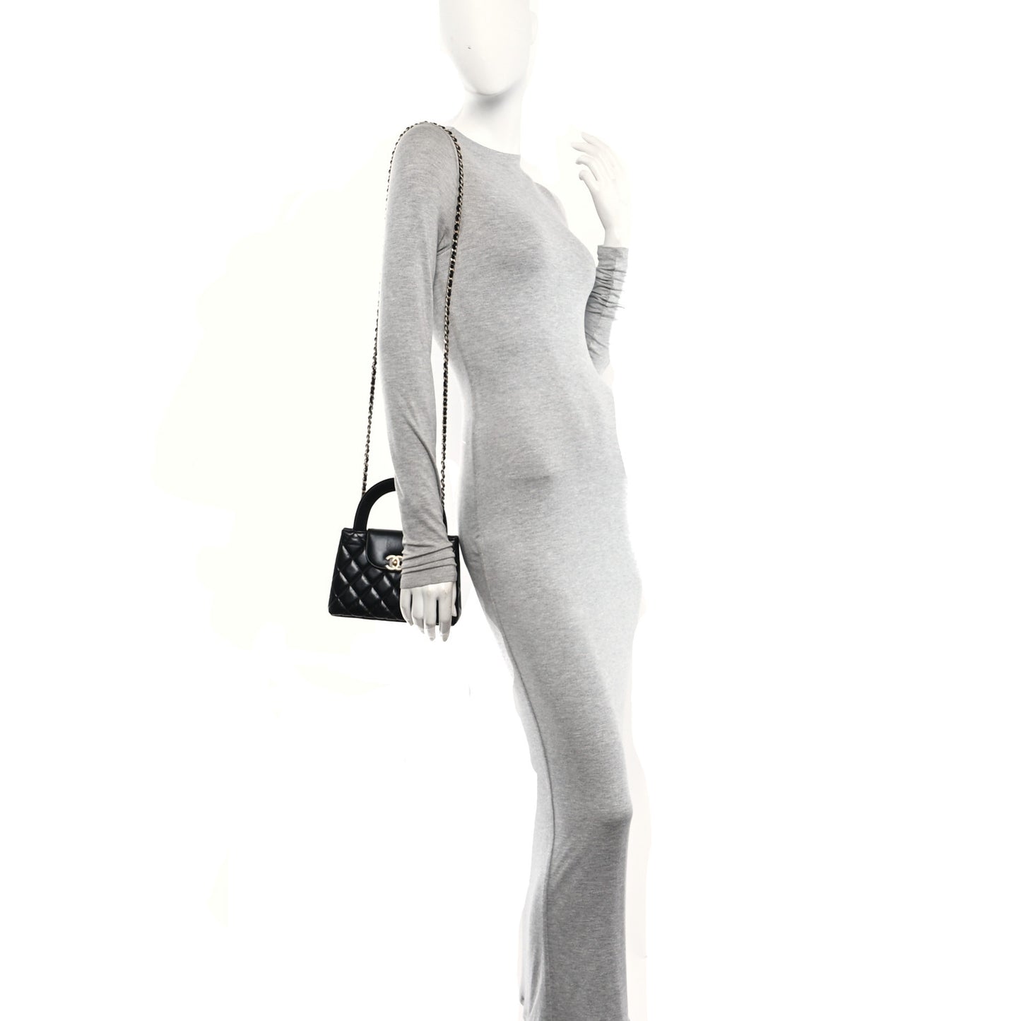 Shiny Aged Calfskin Quilted Nano Kelly Shopper Black