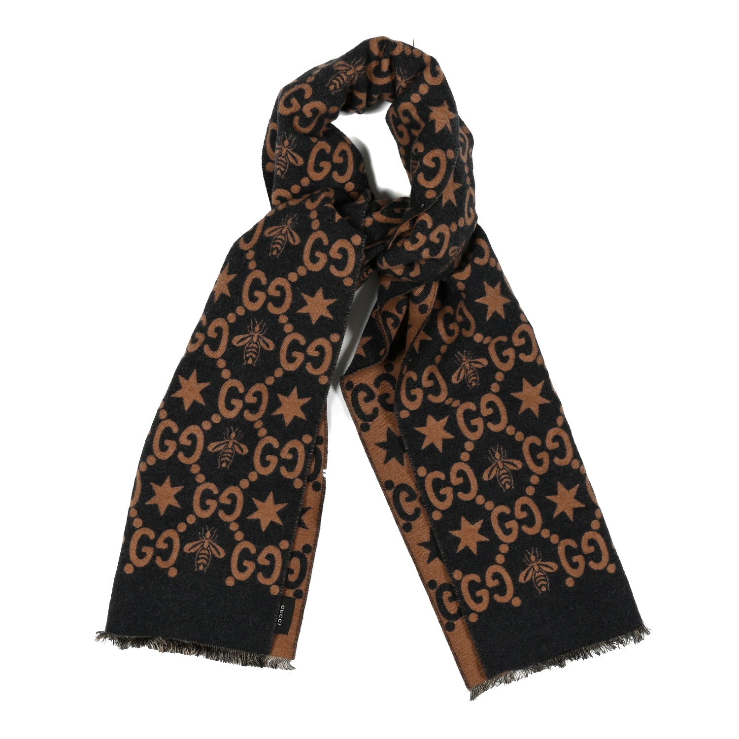 Gucci Wool Silk GG Monogram Fly Constellation Scarf Brown Black 1 of 5