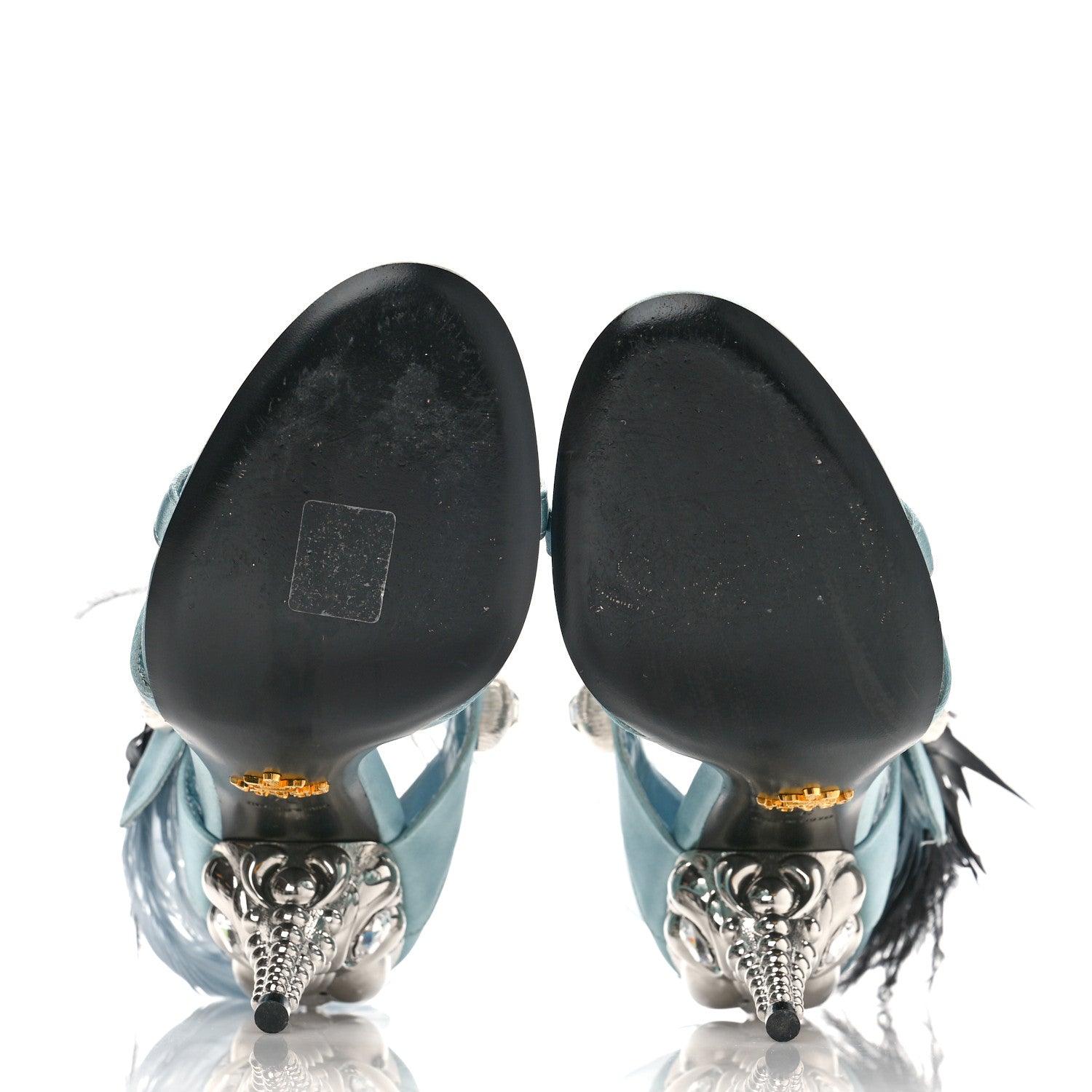 Prada Satin Feather Crystal 110mm Sandals 37 Curacao Argento 5 of 9
