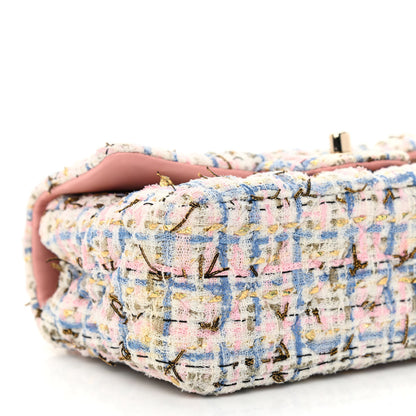 Chanel Tweed Quilted Mini Rectangular Flap Light Blue Pink Gold White 9 of 12