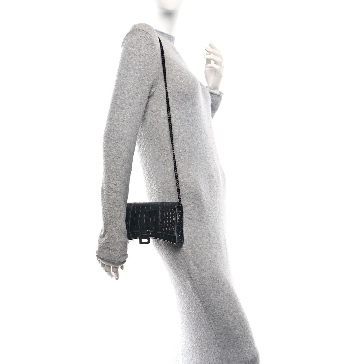 Shiny Calfskin Monochrome Crocodile Embossed Small Hourglass Evening Chain Bag Black