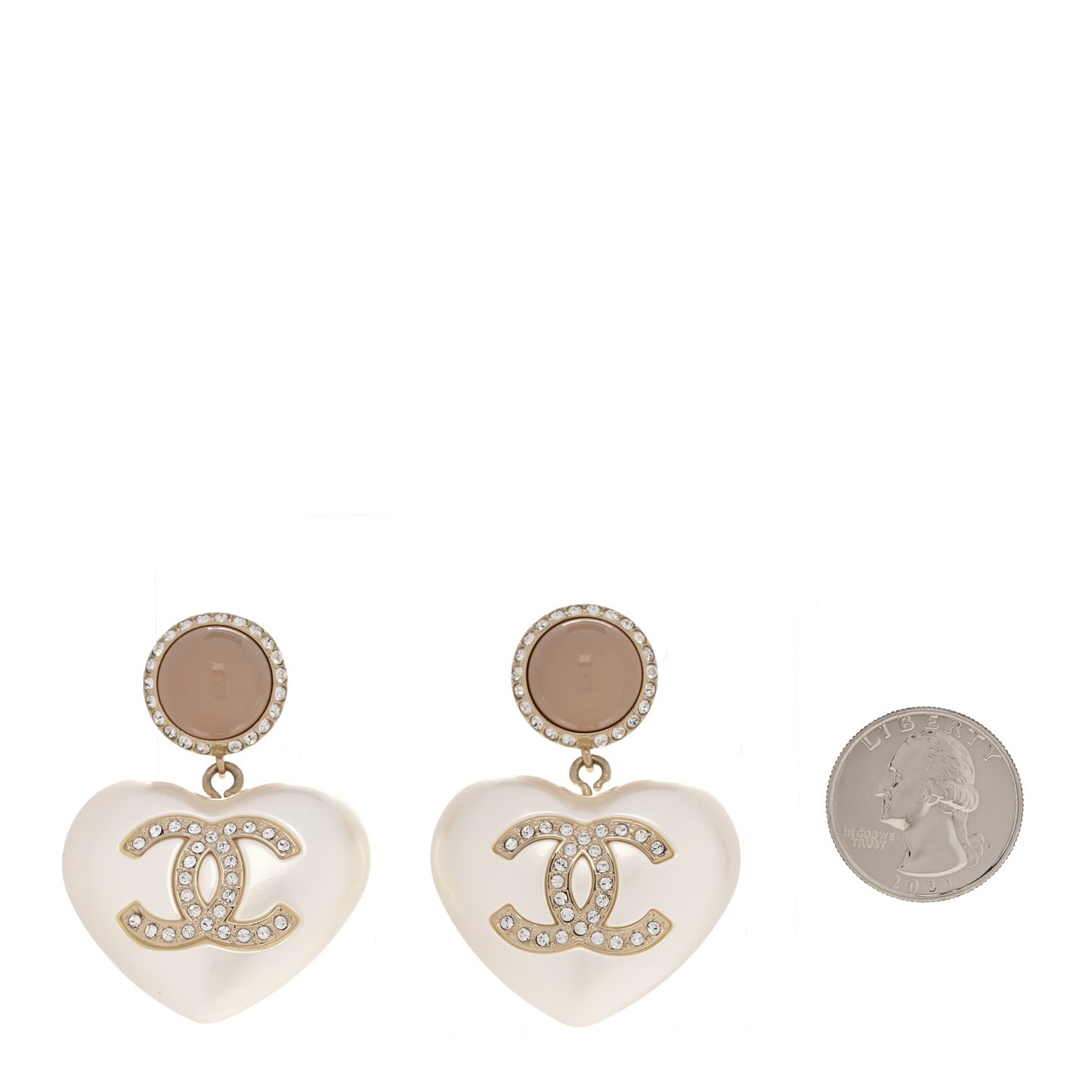 Pearl Resin Crystal CC Heart Drop Earrings Pink Gold