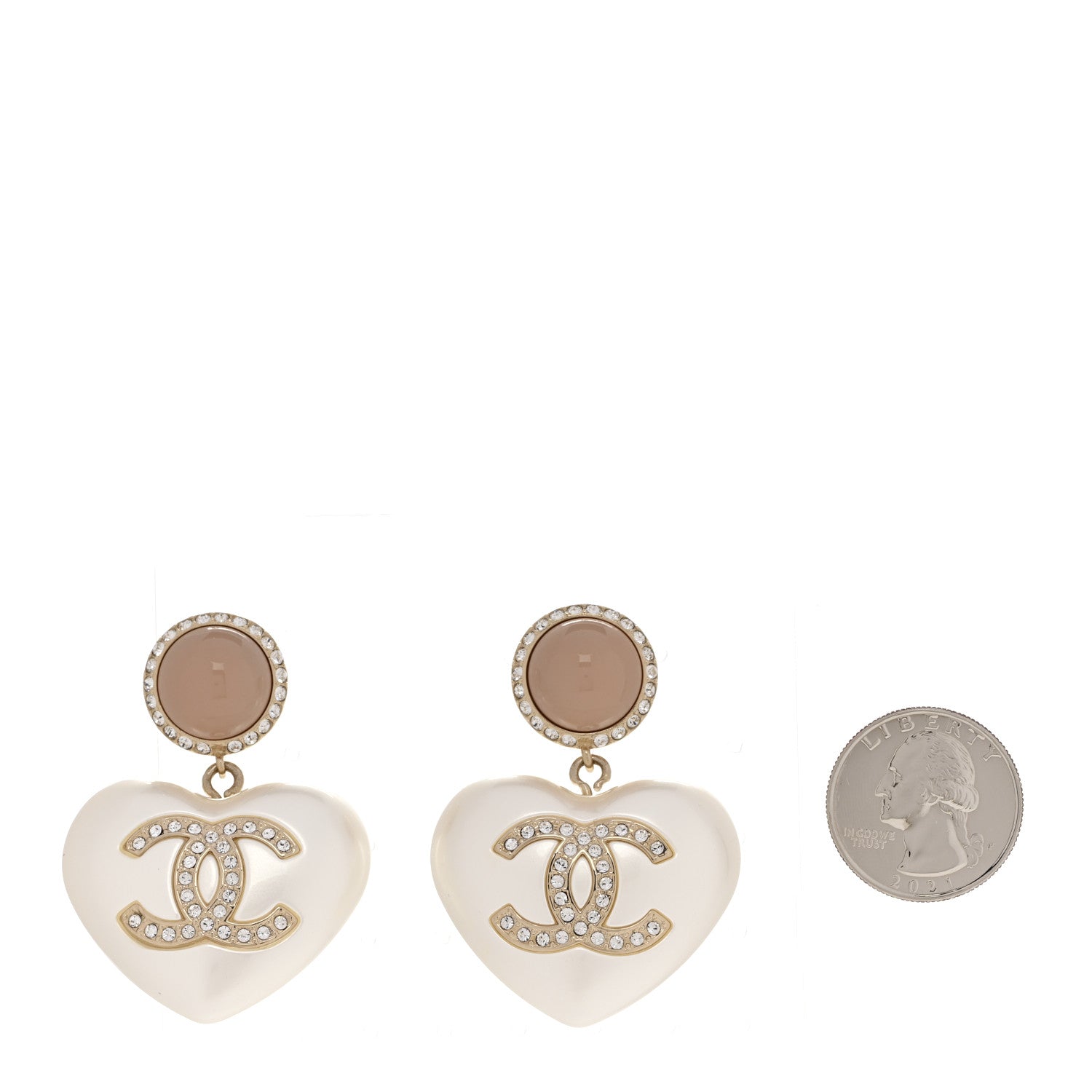 Chanel Pearl Resin Crystal CC Heart Drop Earrings Pink Gold 2 of 5