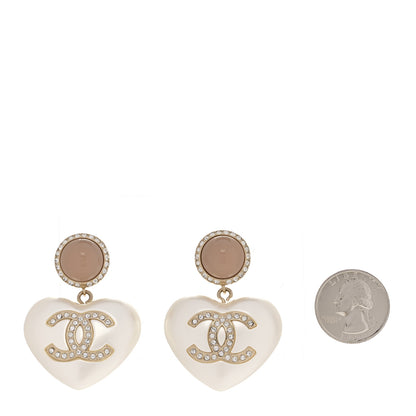 Chanel Pearl Resin Crystal CC Heart Drop Earrings Pink Gold 2 of 5
