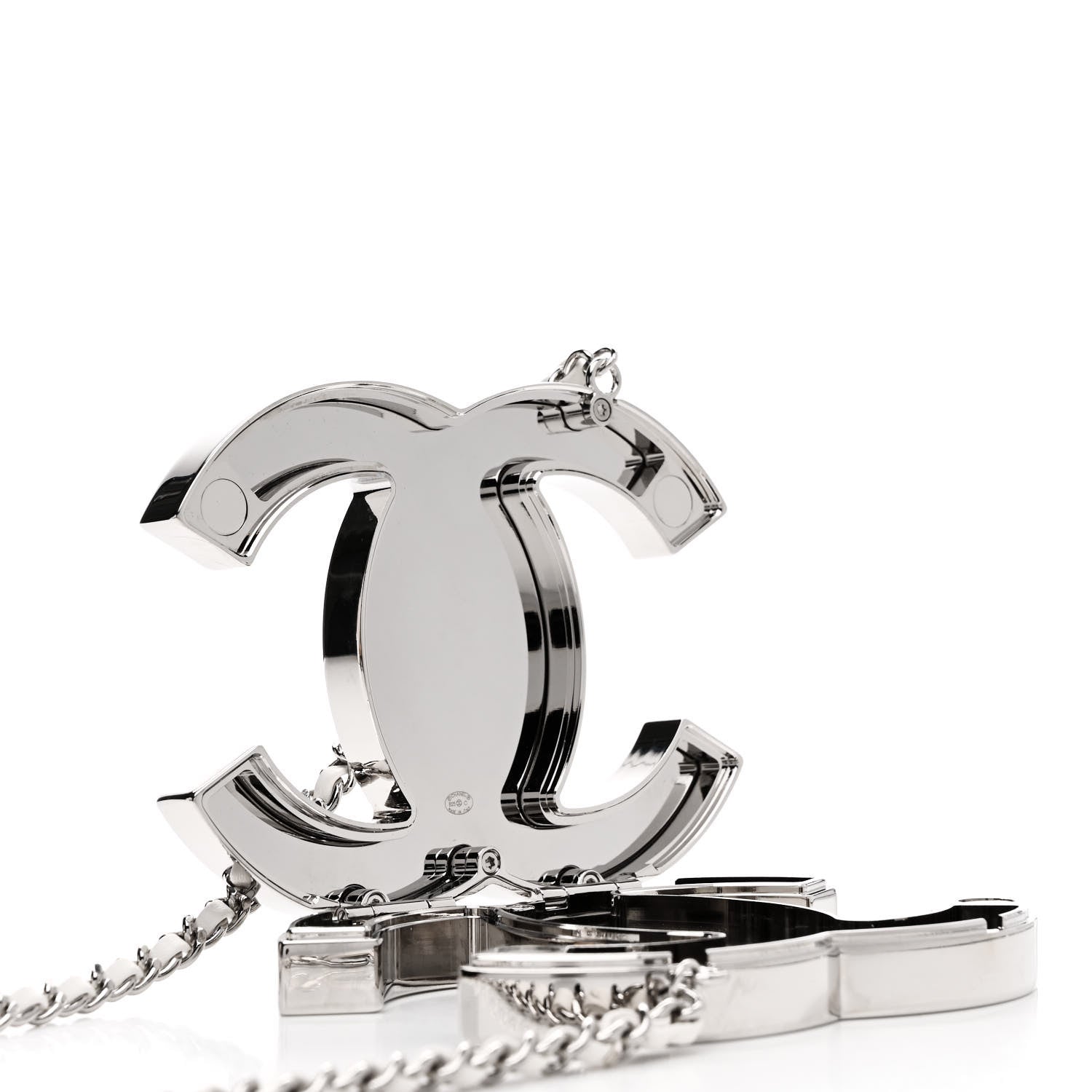 Chanel Metal Calfskin CC Locket Long Necklace Silver White 5 of 6