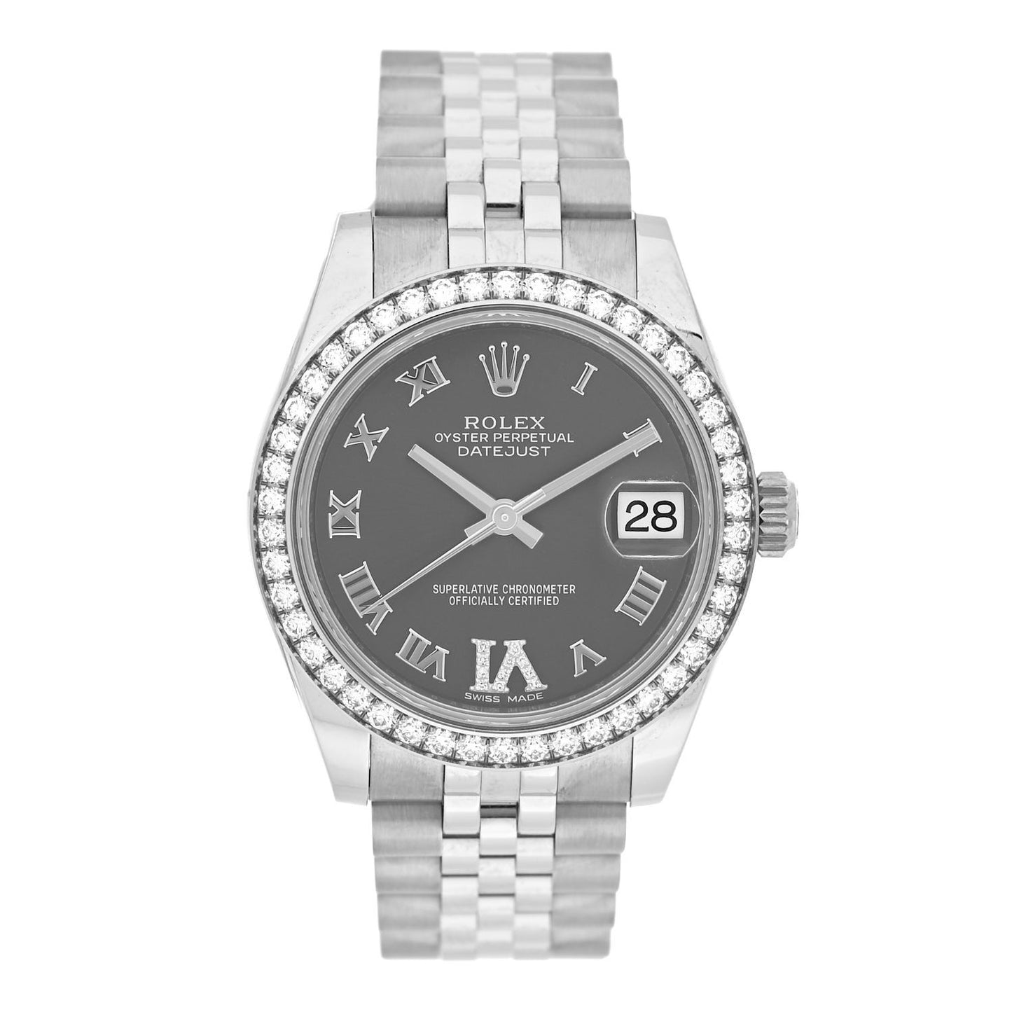 Stainless Steel 18K White Gold Diamond 31mm Oyster Perpetual Datejust Watch Dark Grey Roman 178384