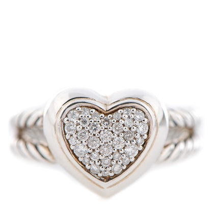 David Yurman Sterling Silver Pave Diamond 13mm Heart Cable Ring 49 5 1 of 5