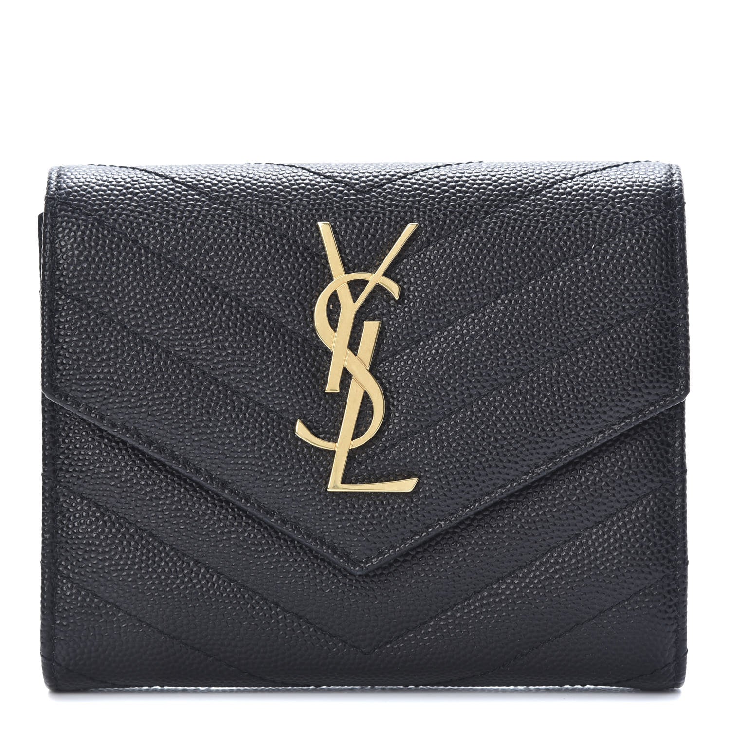 Saint Laurent Grain De Poudre Matelasse Chevron Monogram Compact Tri Fold Wallet Black 1 of 8
