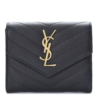 Saint Laurent Grain De Poudre Matelasse Chevron Monogram Compact Tri Fold Wallet Black 1 of 8
