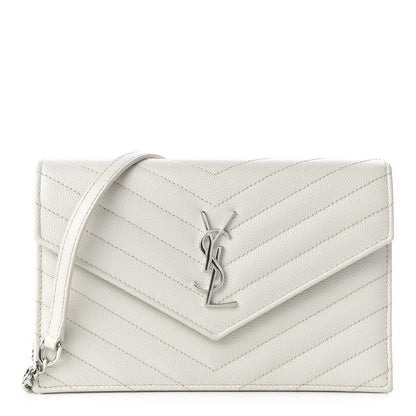 Saint Laurent Grain De Poudre Matelasse Chevron Monogram Envelope Chain Wallet Optical White 1 of 8