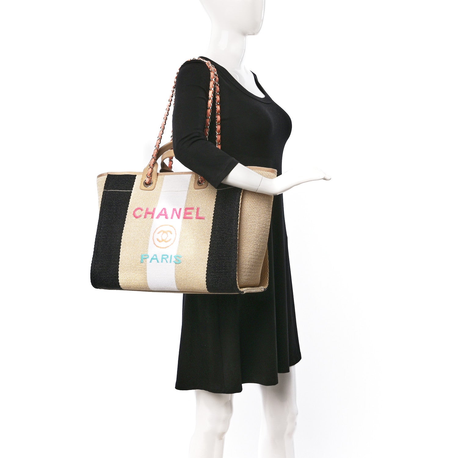 Chanel Straw Raffia Calfskin Striped Medium Deauville Tote Black Beige Ivory 2 of 9