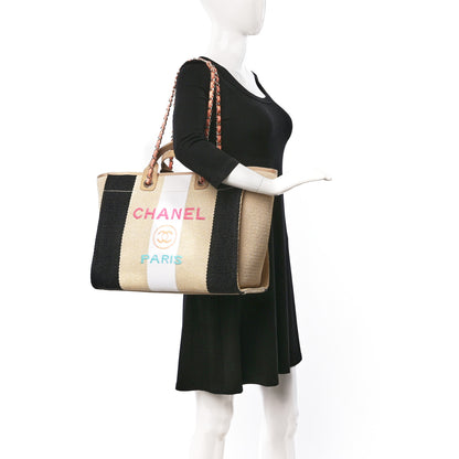 Chanel Straw Raffia Calfskin Striped Medium Deauville Tote Black Beige Ivory 2 of 9
