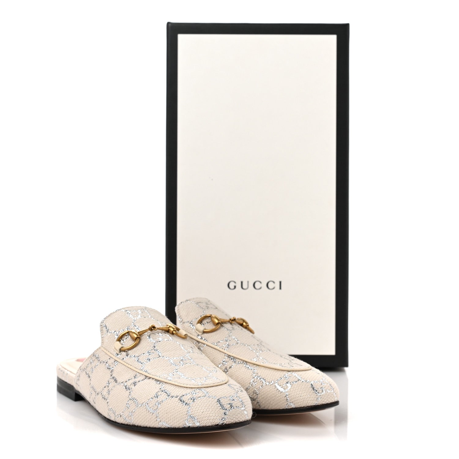 Gucci Canvas Lame GG Monogram Womens Princetown Slippers 37.5 Gardenia Silver 9 of 9