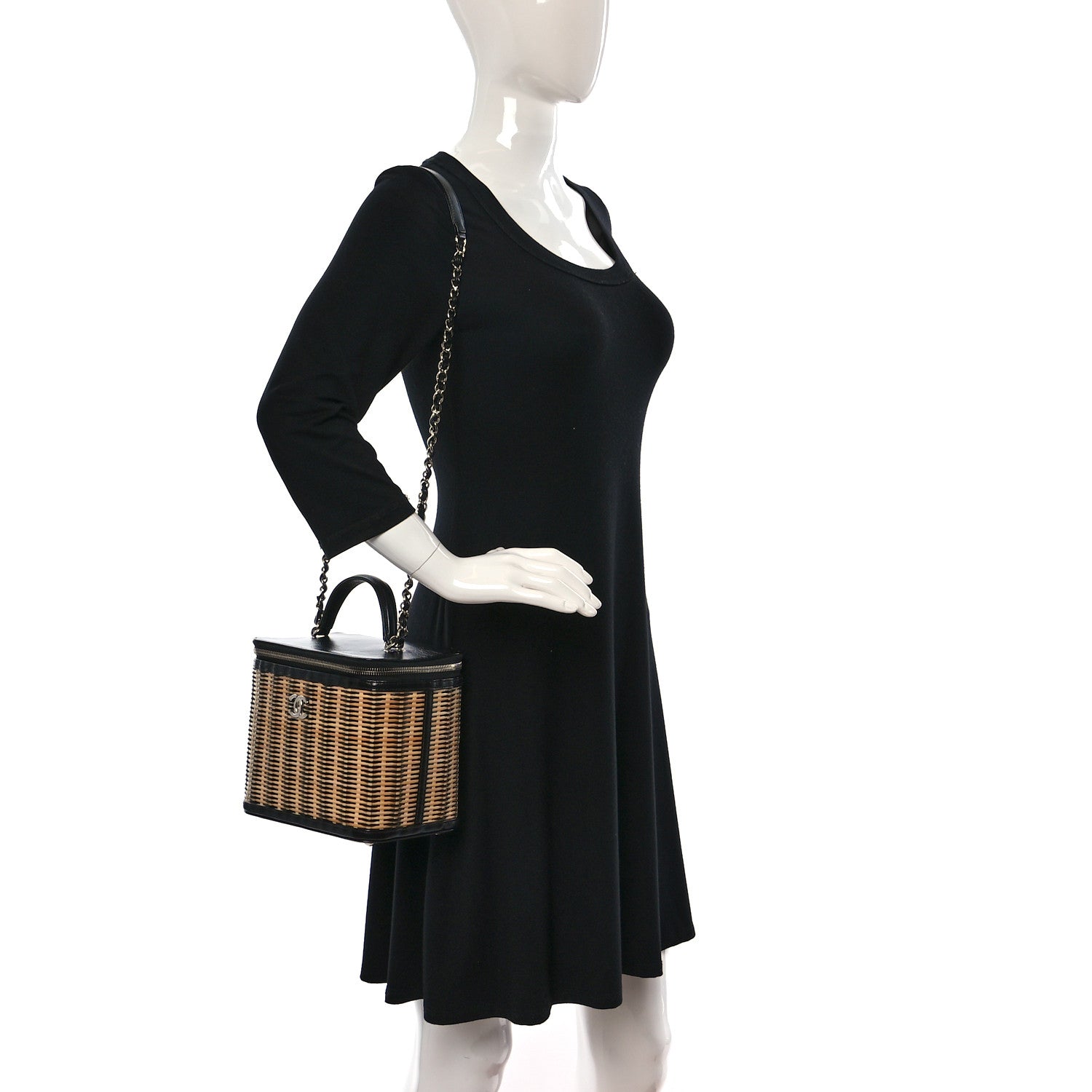 Chanel Glazed Calfskin Raffia Vanity Case Bag Black Beige 3 of 10