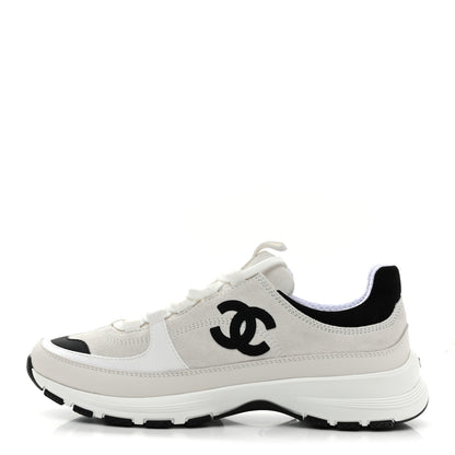 Chanel Suede Calfskin Grosgrain Womens CC Sneakers 39.5 White Black 1 of 11