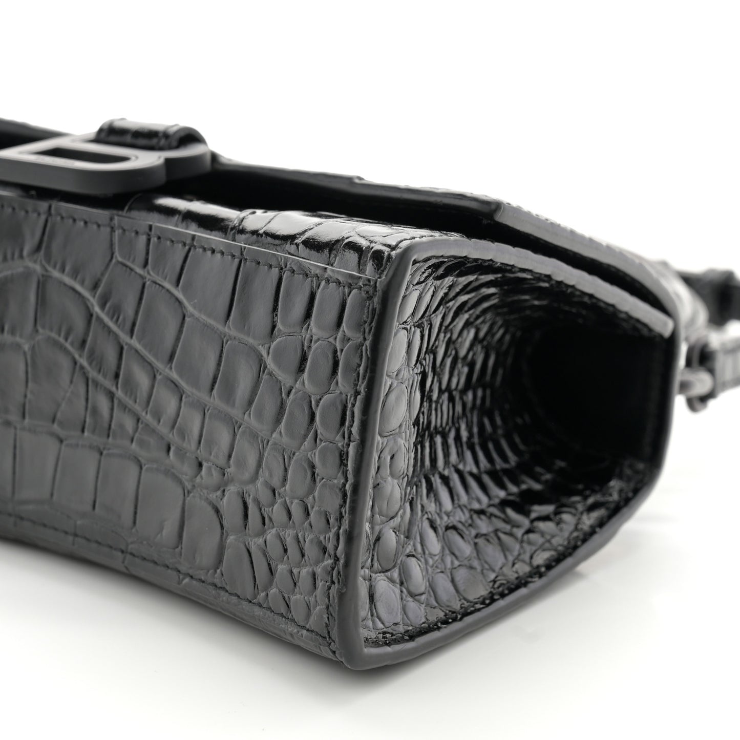 Shiny Calfskin Monochrome Crocodile Embossed Hourglass Top Handle Bag XS Black