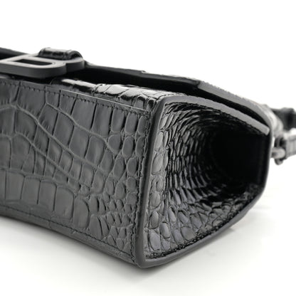 Balenciaga Shiny Calfskin Monochrome Crocodile Embossed Hourglass Top Handle Bag XS Black 10 of 10