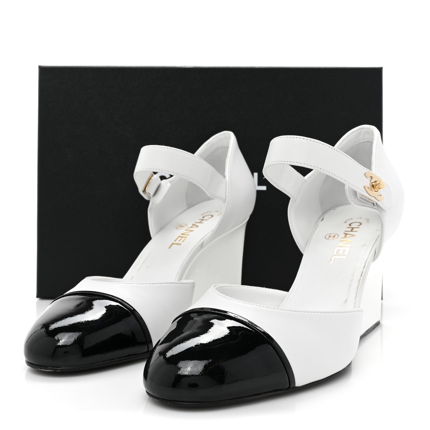 Chanel Lambskin Patent Cap Toe Mary Jane Wedge Pumps 41 White Black 14 of 14