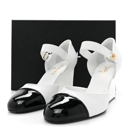 Chanel Lambskin Patent Cap Toe Mary Jane Wedge Pumps 41 White Black 14 of 14