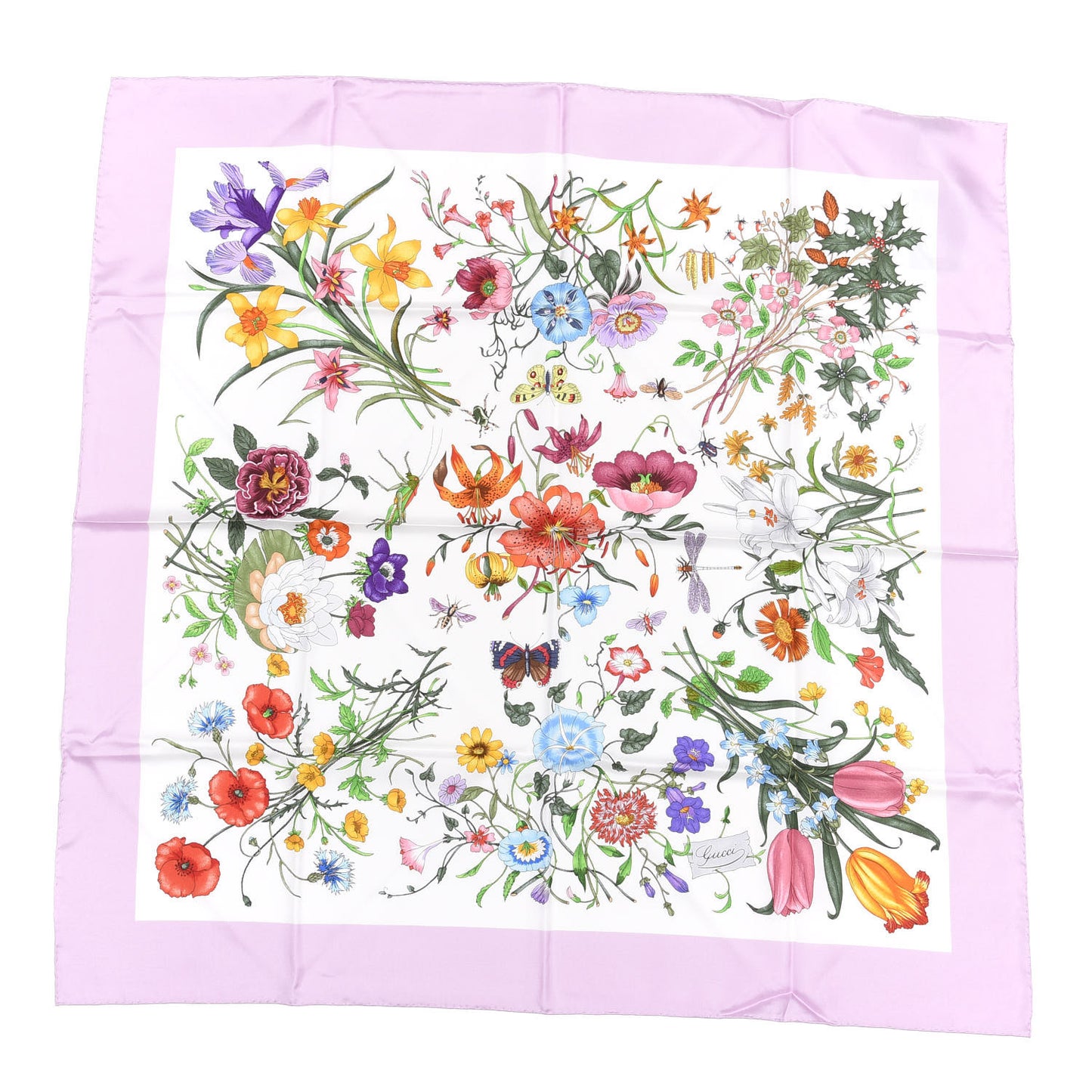 Silk Twill Flora Square Scarf Pink White