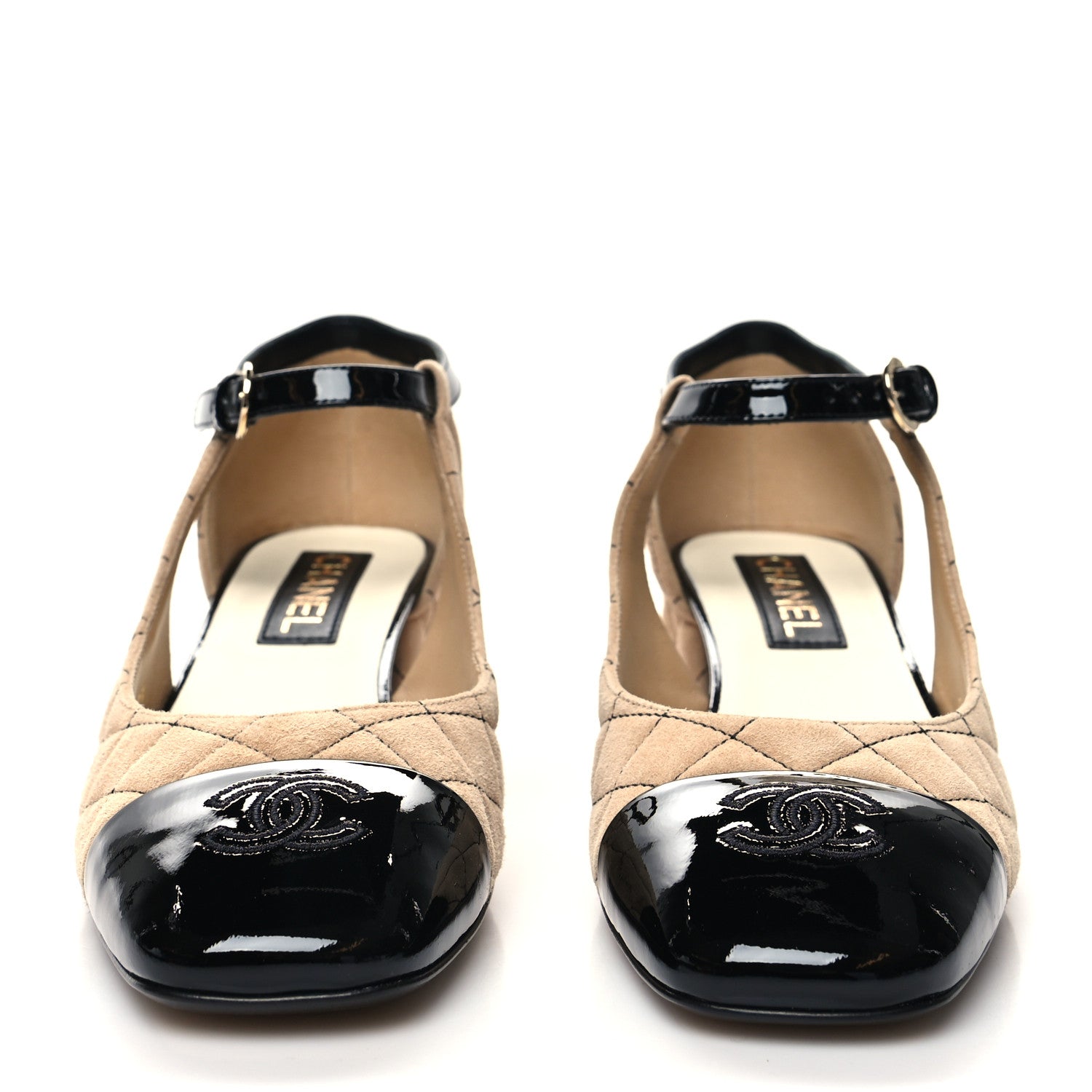 Chanel Suede Kidskin Patent Cap Toe Quilted Mary Jane Flats 39.5 Beige Black 2 of 8