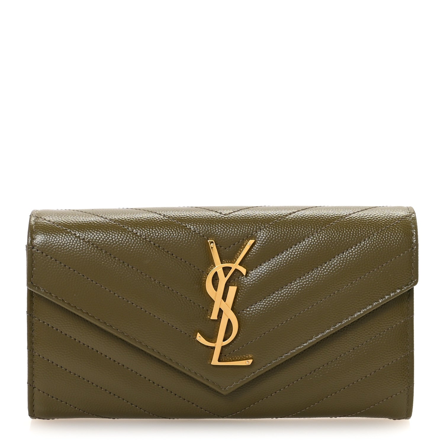 Saint Laurent Grain De Poudre Matelasse Chevron Monogram Flap Wallet Olive 1 of 7