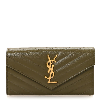 Saint Laurent Grain De Poudre Matelasse Chevron Monogram Flap Wallet Olive 1 of 7