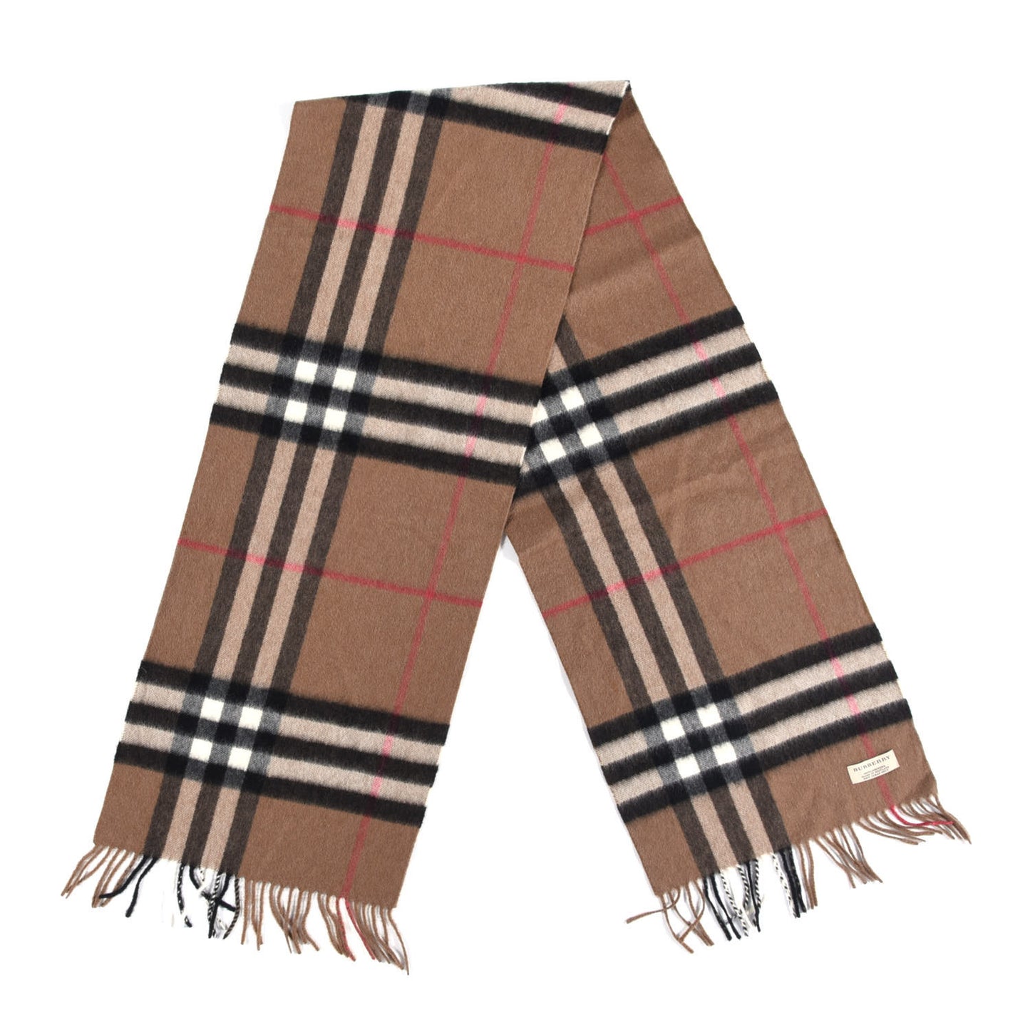 Cashmere Giant Check Fringe Scarf Camel