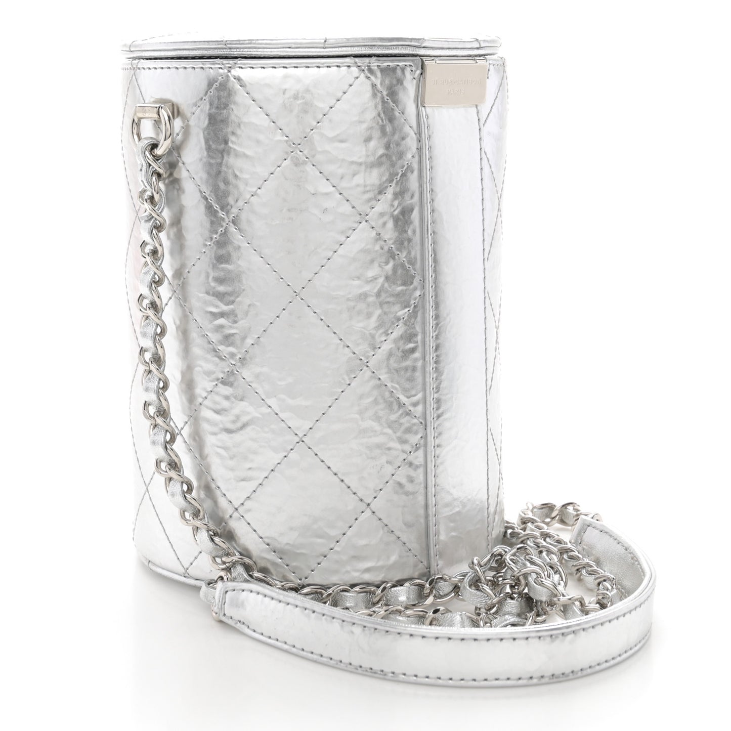 Hammered Metallic Calfskin Quilted Vanity Clutch With Chain Silver