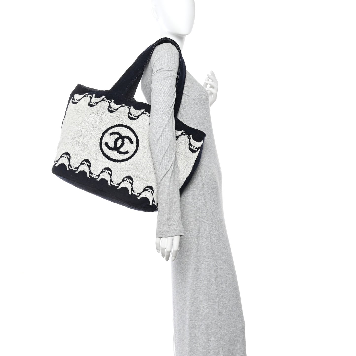Terry Cotton CC Beach Tote Towel Set Ecru Dark Blue