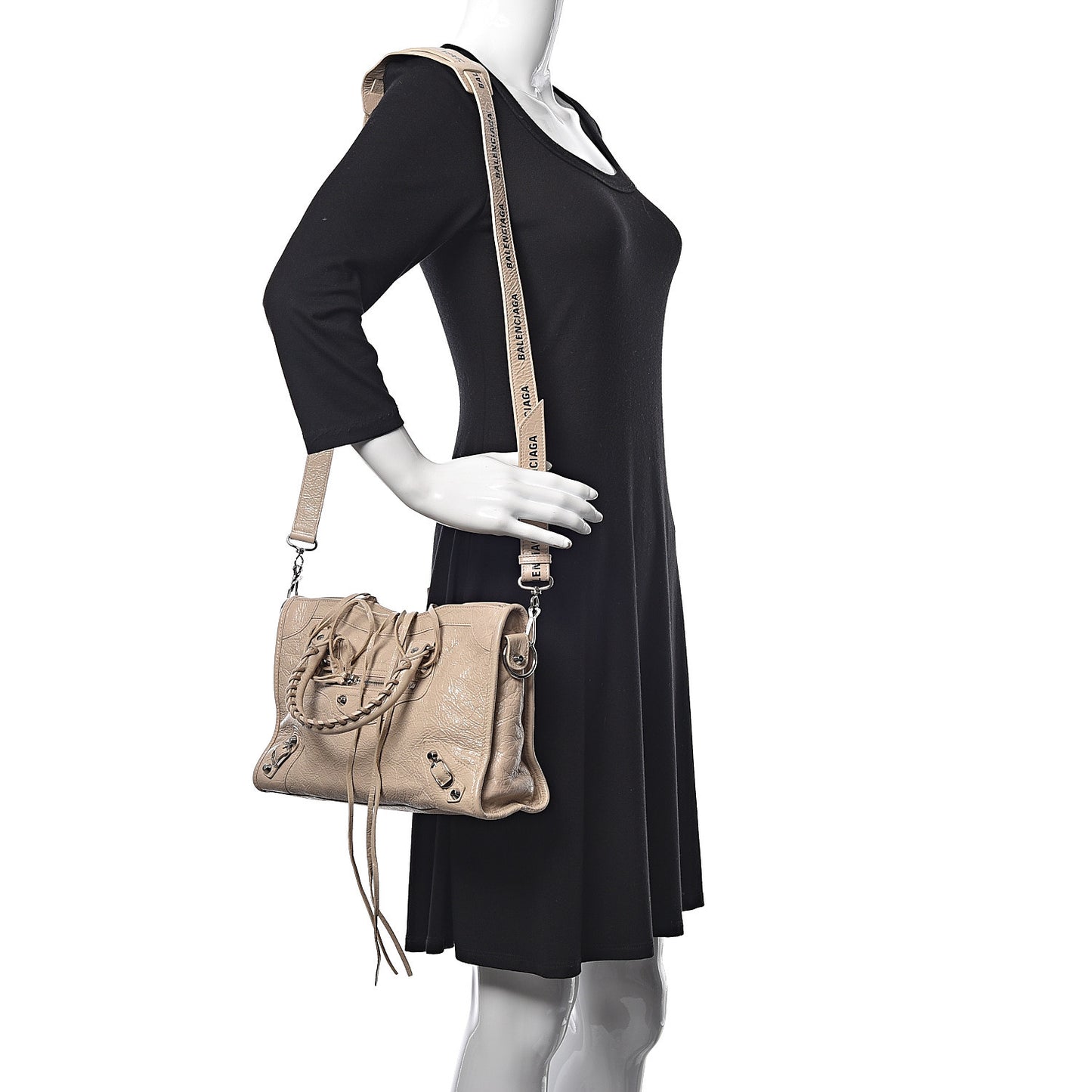 Agneau Classic Silver Hardware S City Logo Strap Light Beige Black