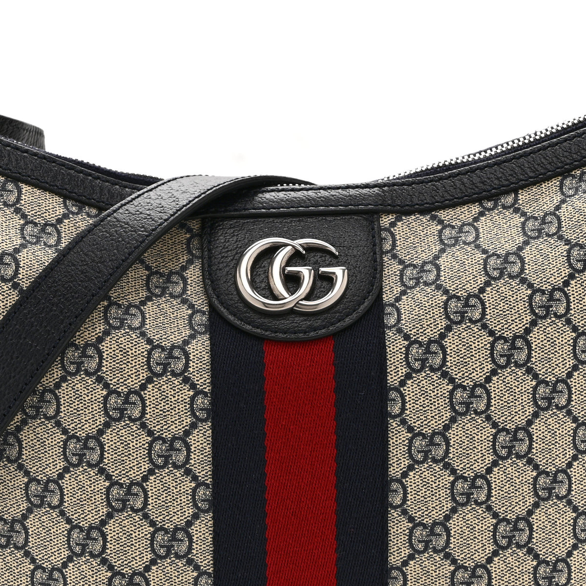 Gucci GG Supreme Monogram Textured Dollar Calfskin Web Small Ophidia Half Moon Hobo Beige Blue 9 of 11