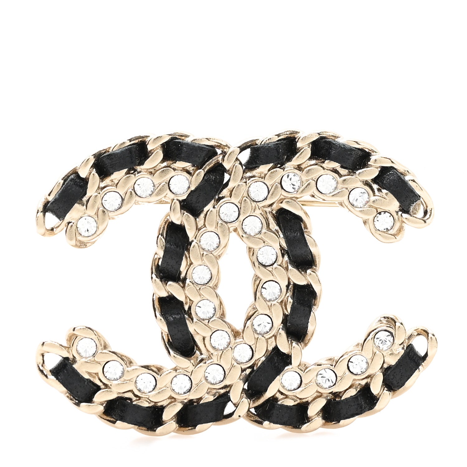 Chanel Lambskin Crystal Vintage Allure CC Chain Brooch Black Gold 1 of 4