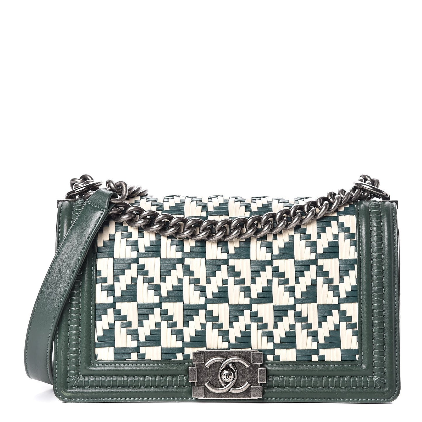 Calfskin Woven Medium Boy Flap Green White