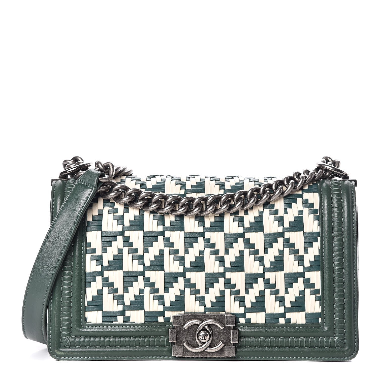 Chanel Calfskin Woven Medium Boy Flap Green White 1 of 14