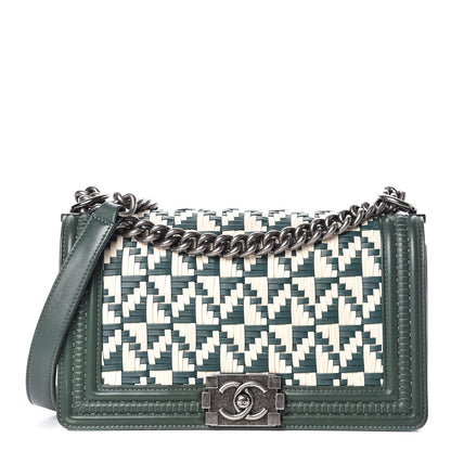 Chanel Calfskin Woven Medium Boy Flap Green White 1 of 14