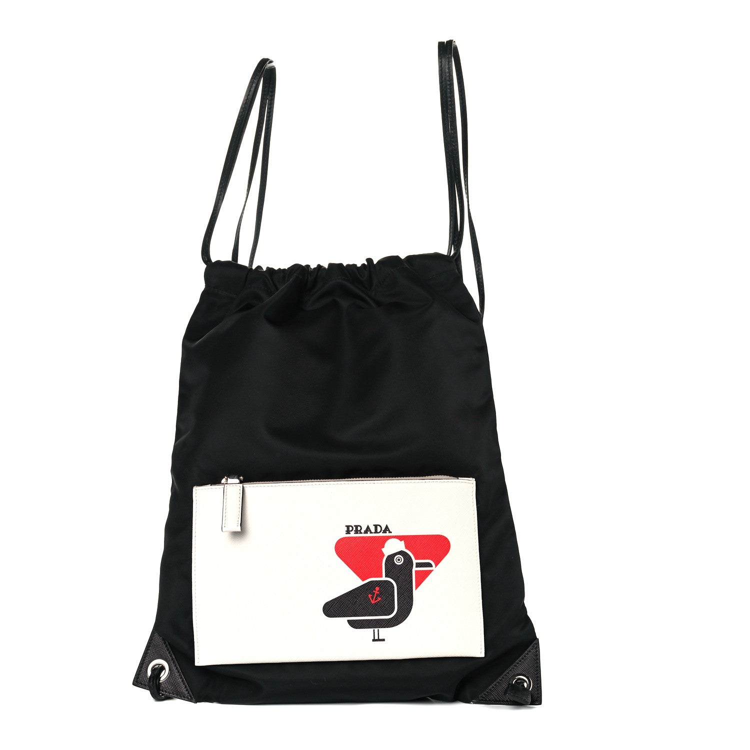 Prada Tessuto Nylon Bird Pocket Motif Drawstring Backpack Black 1 of 10