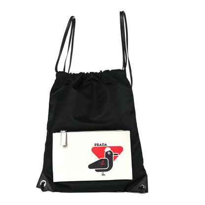 Prada Tessuto Nylon Bird Pocket Motif Drawstring Backpack Black 1 of 10