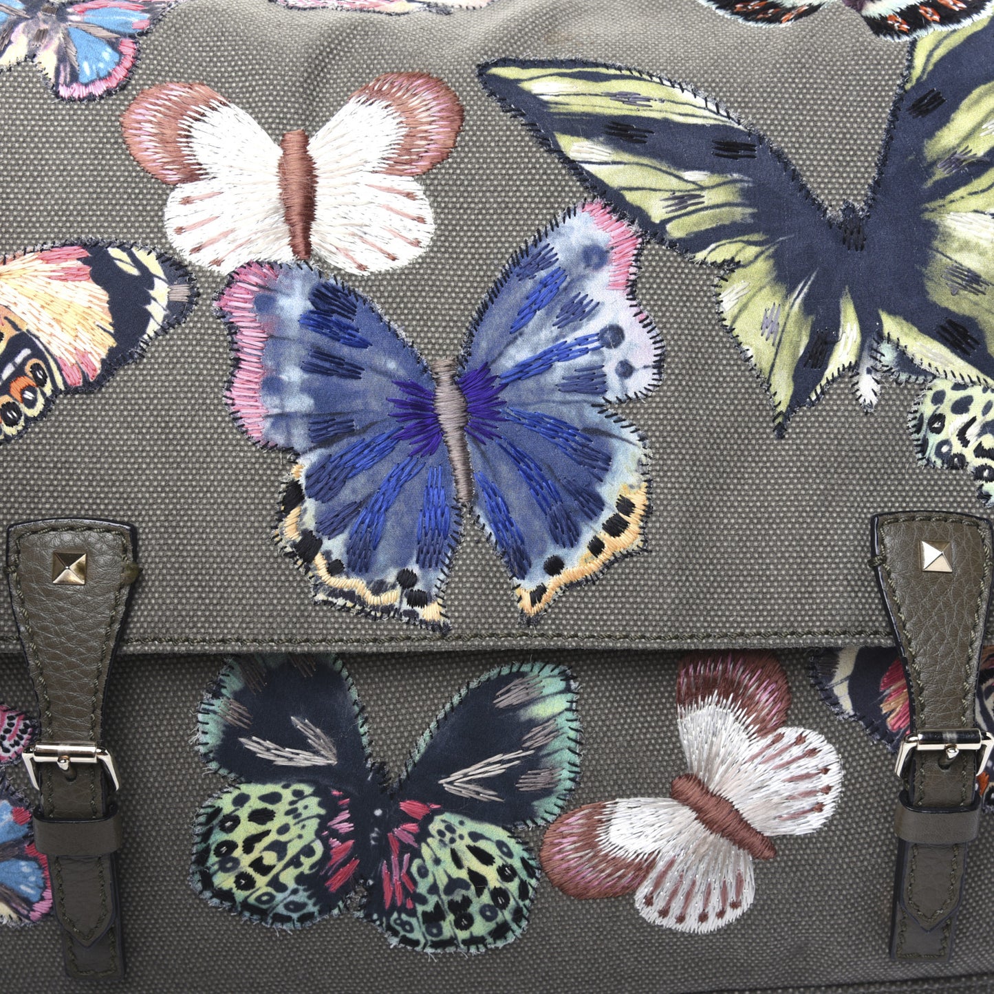Canvas Butterfly Embroidered Rockstud Messenger Bag Military Green