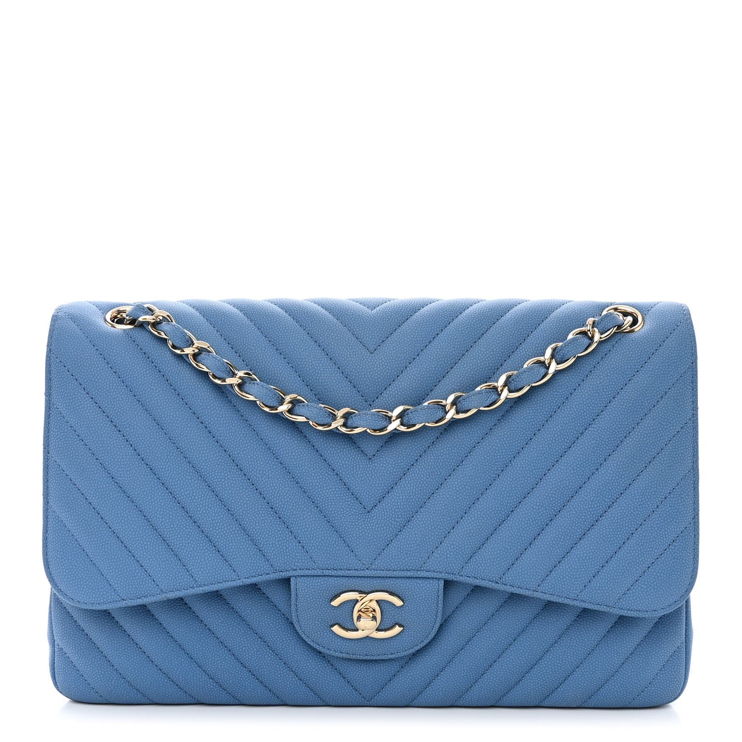 Caviar Flat Chevron Quilted Jumbo Double Flap Blue