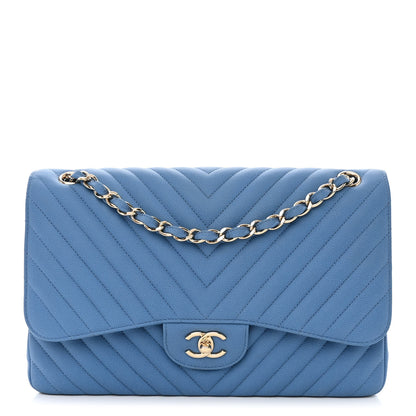 Chanel Caviar Flat Chevron Quilted Jumbo Double Flap Blue 1 of 12