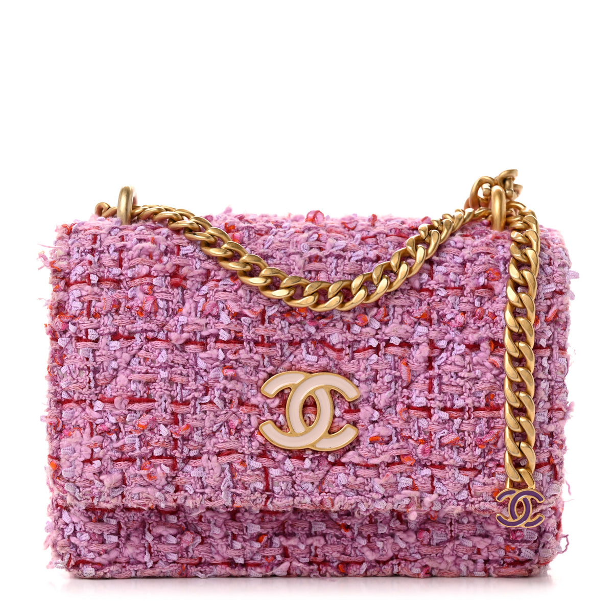 Tweed Enamel Quilted Pending CC Mini Wallet On Chain WOC Pink Purple