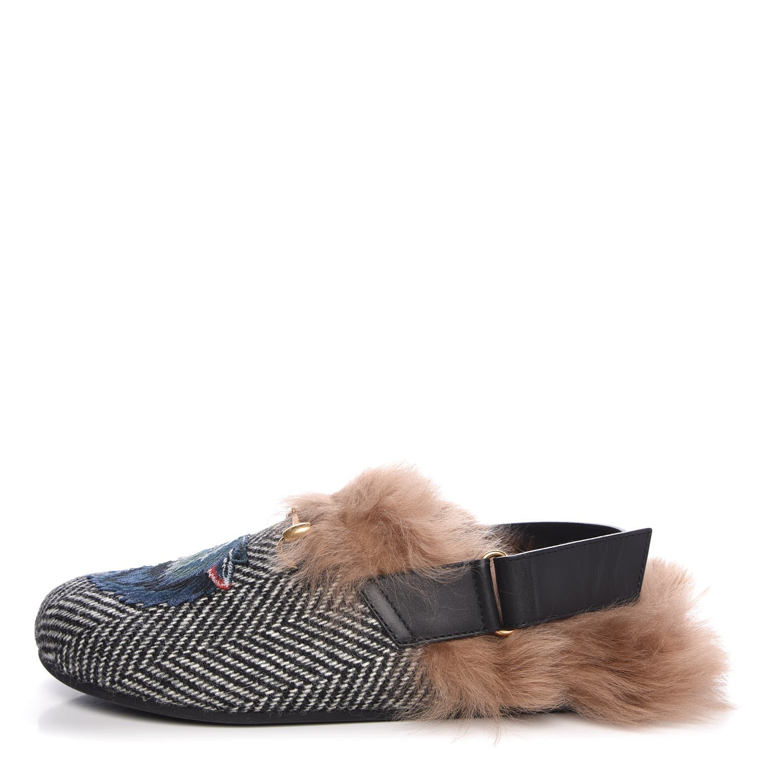 Gucci Herringbone Fur Wolf Mens Horsebit River Slingback Slippers 8 Black White 1 of 12