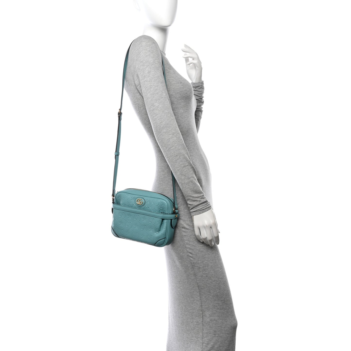 Wonka Grain Calfskin GG Monogram Star Embossed Small GG Shoulder Bag Dusty Azure