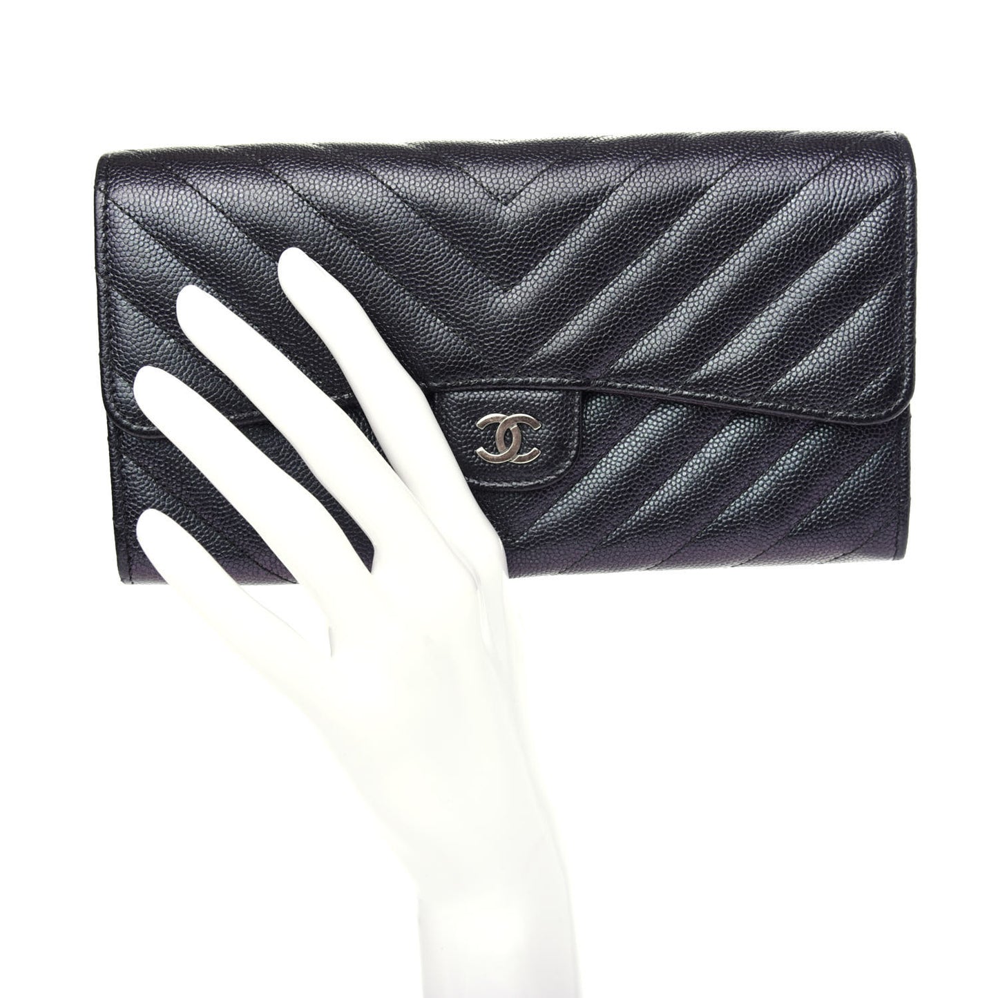 Iridescent Caviar Chevron Quilted Large Gusset Flap Wallet Black