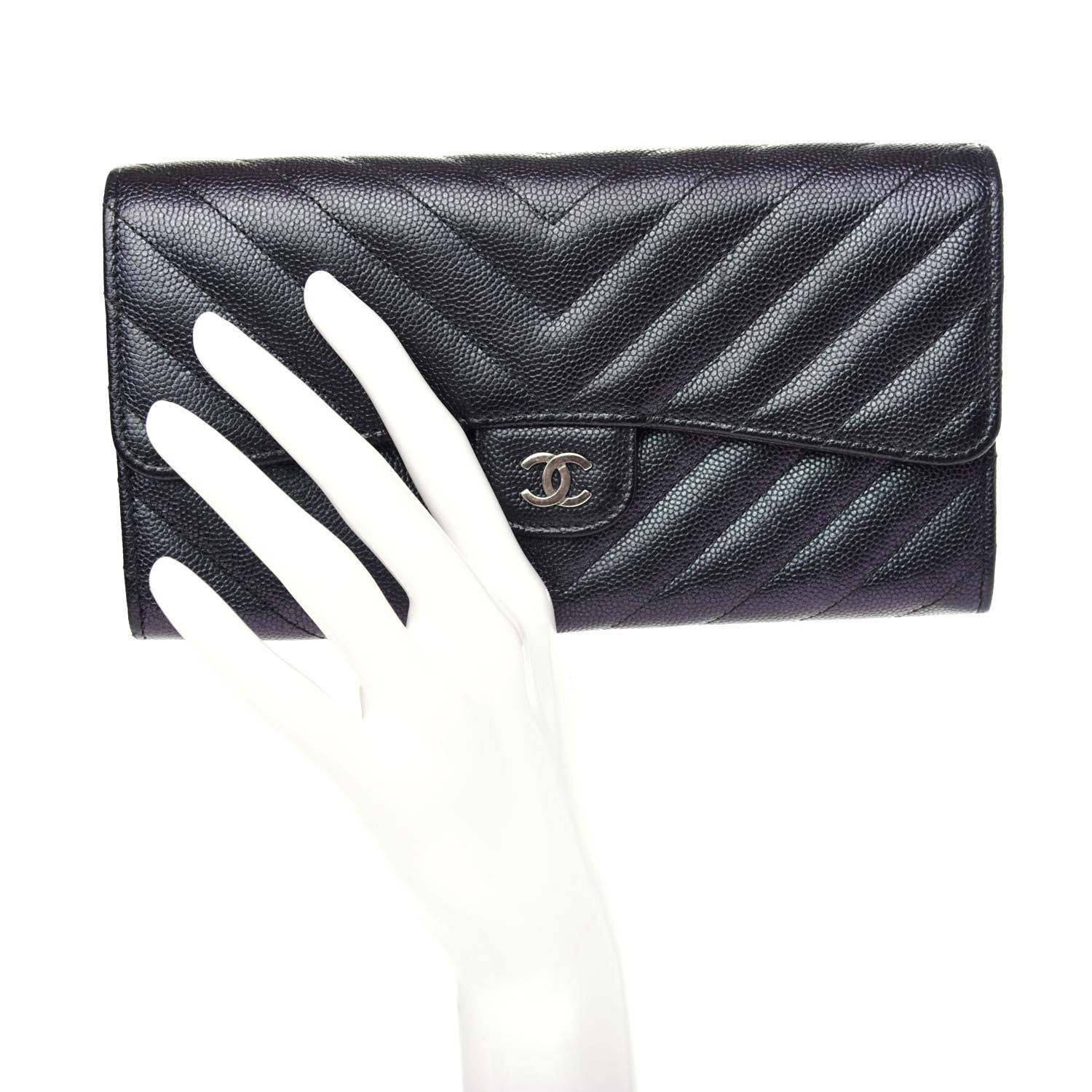 Chanel Iridescent Caviar Chevron Quilted Large Gusset Flap Wallet Black 2 of 8