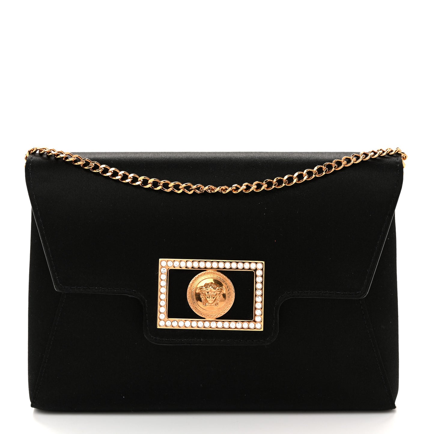 Satin Crystal La Medusa Pouch On Chain Black